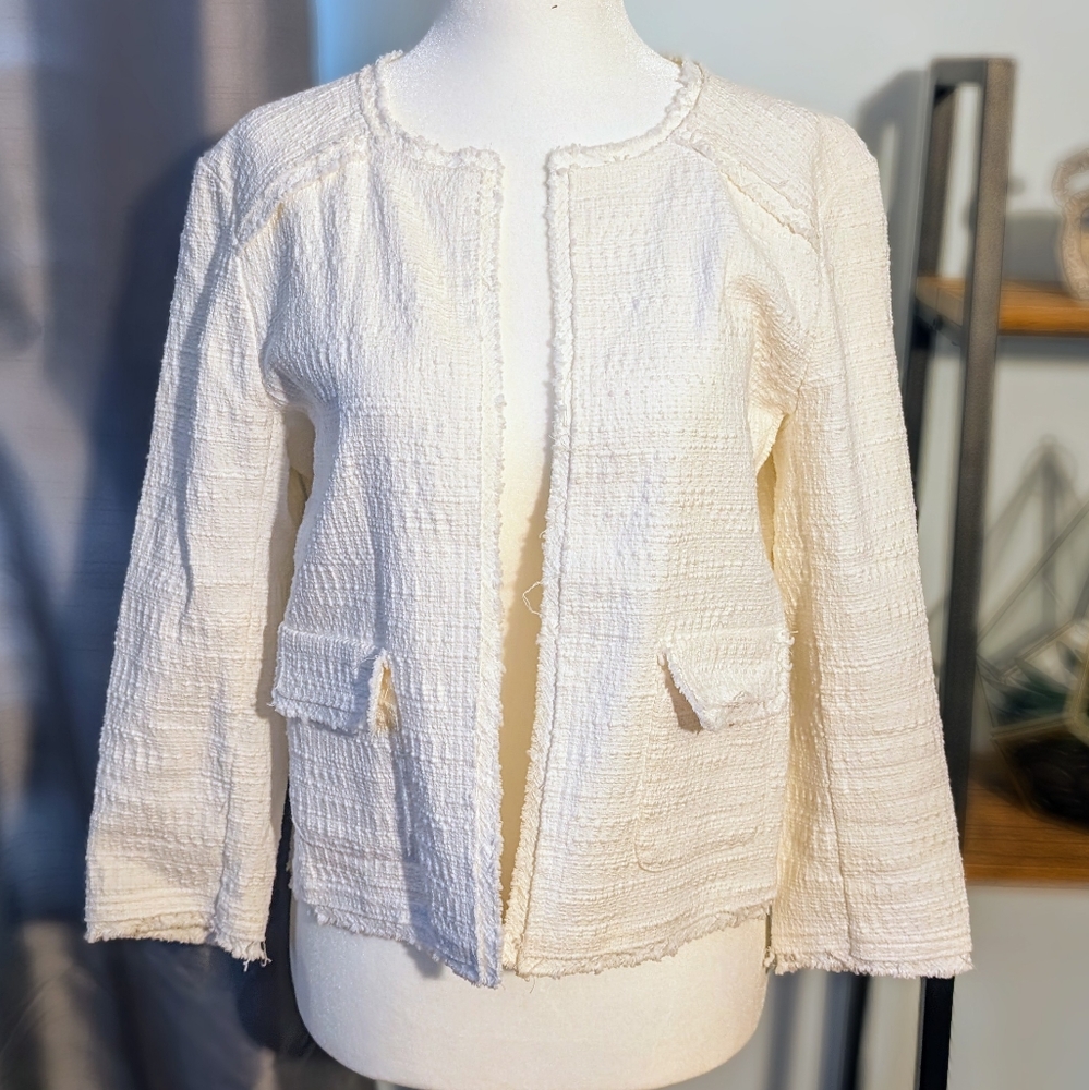 Ann Taylor Ivory Bouclé Tweed Fringe Jacket Blazer Size Small
